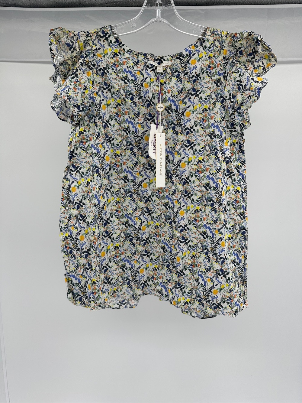 ANTONIO MELANI Blue, Yellow & White Floral Ruffle Sleeve Blouse
